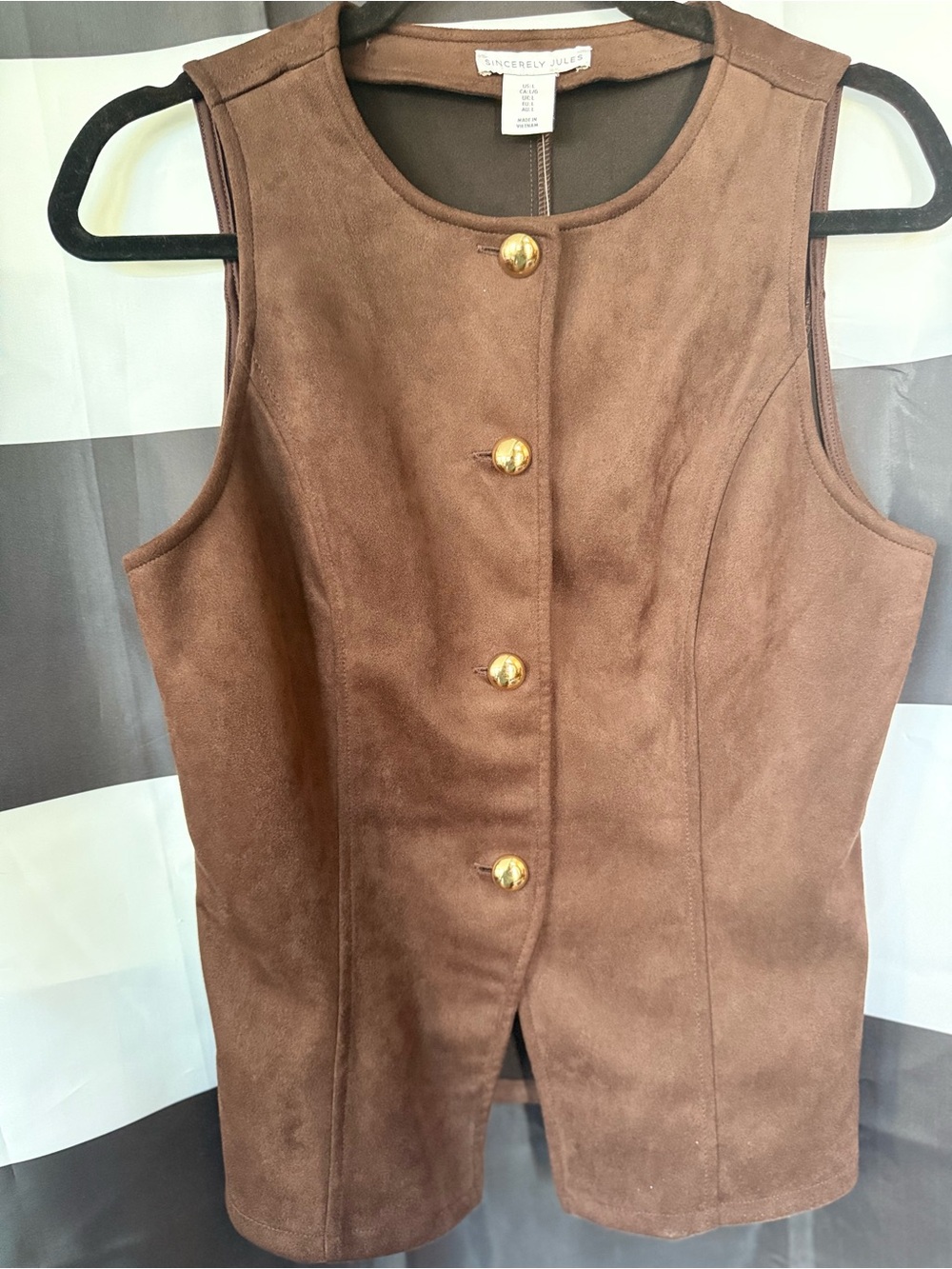Sincerly Jules Brown Suede Sleeveless Vest with Gold Buttons